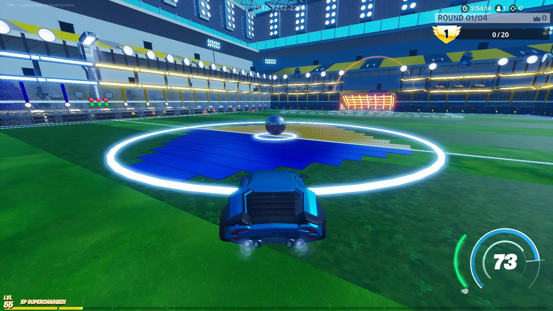 A car hitting a ball in Rocket League stadium