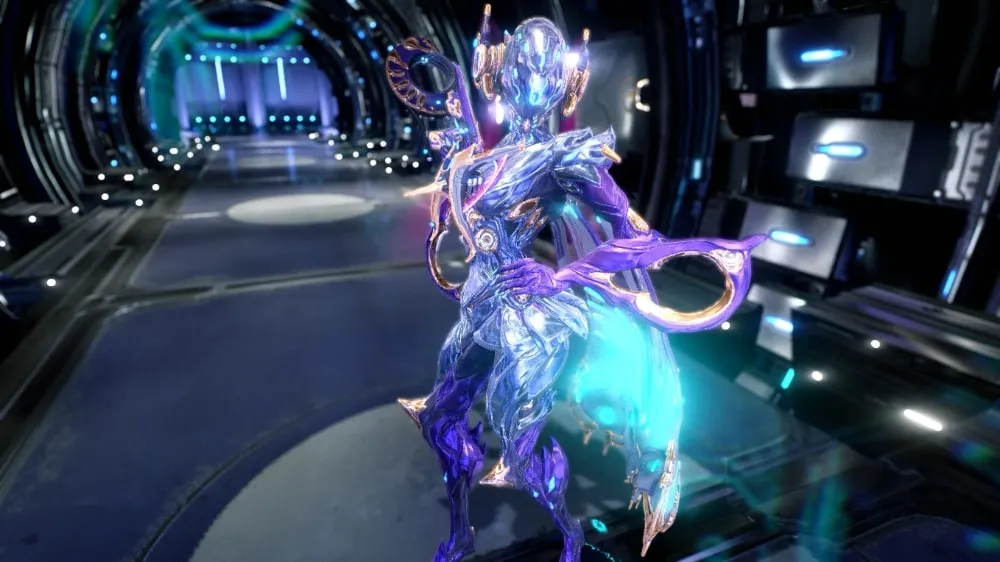 A Warframe character in a futuristic setting